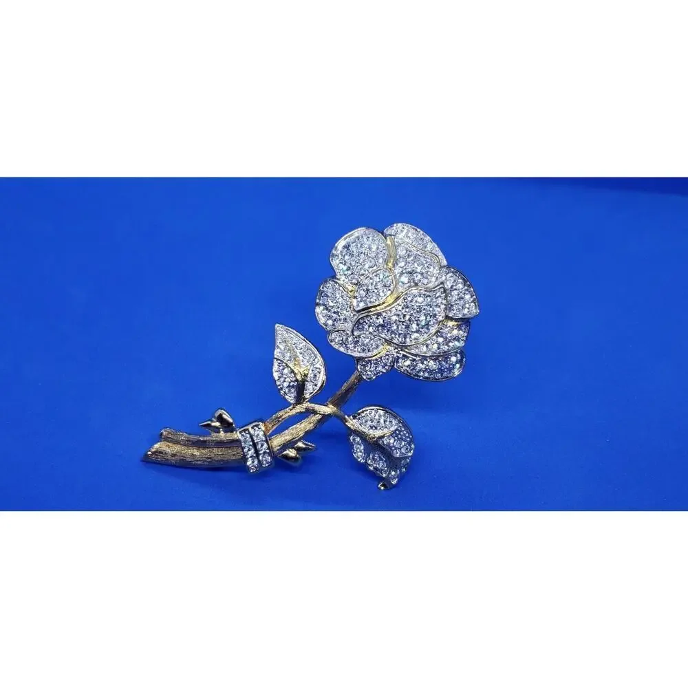 VINTAGE Nolan Miller Glamour Collection Roses Flower Brooch Rhinestone Pave Big